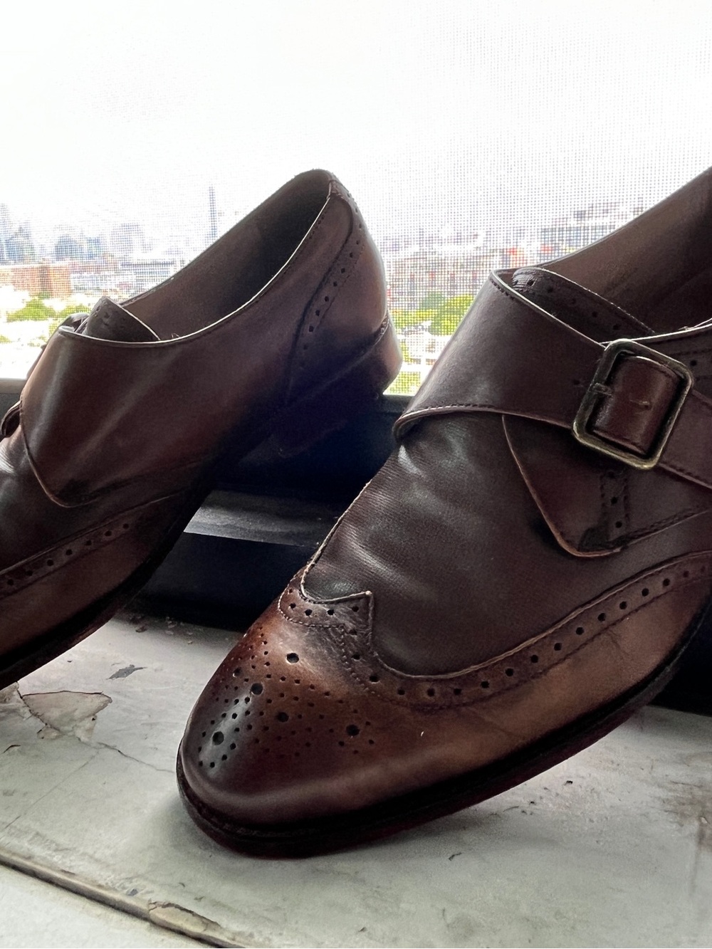 Joseph Abboud Brown Leather Single Monk Strap Brogue Oxfords